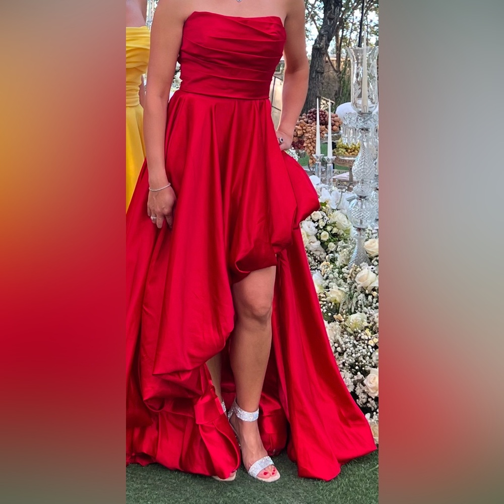 Strapless Ruched Gown, Red satin - Picture 3 of 6